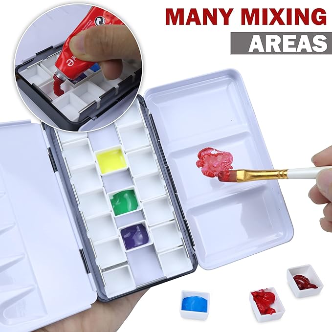 DUGATO Small Empty Watercolor Palette Tin with Lid - Includes 20 Half Pans, 4 Fold-Out Mixing Areas - Metal Travel Box for DIY Art Supplies