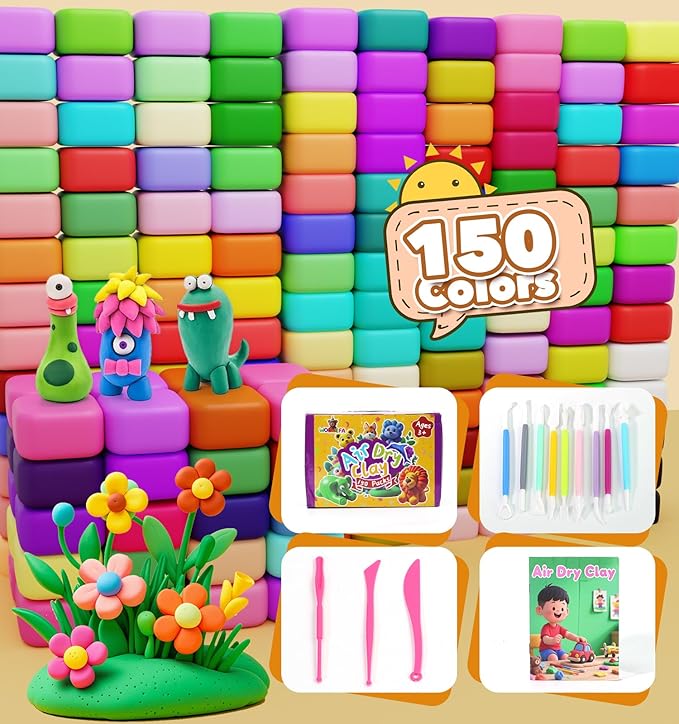 Air Dry Clay for Kids 150 Colors Air Foam Clay, Magic Clay, Non-Sticky Soft and Super Light Molding Clay with Sculpting Tools, Guide, Arts and Crafts Gift for Boys Girls Kids 3 Age+