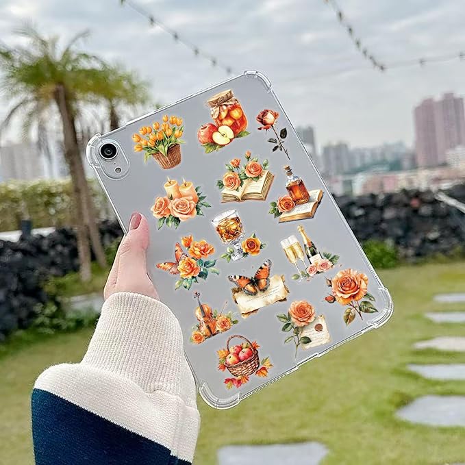 50 PCS Vintage Orange Rose Floral Scrapbook Stickers, Clear Watercolor Fall Aesthetic Stickers for Journaling, Resin Crafts, Cards, Planners, Retro Autumn Decor