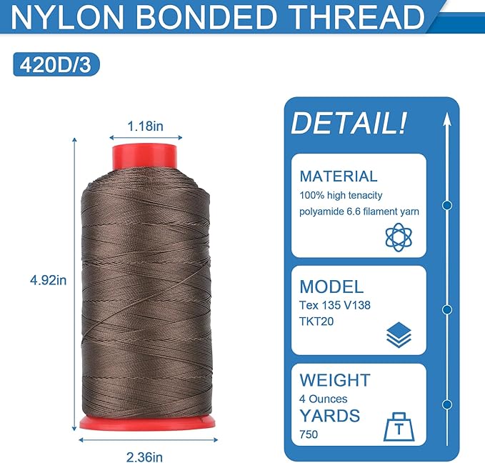 Heavy Duty Bonded Nylon 66 Sewing Thread 420D/3 T135#138 750 Yards for Canvas Furniture Upholstery Leather Goods Leather Footwear Outdoors(694, 420D/3)