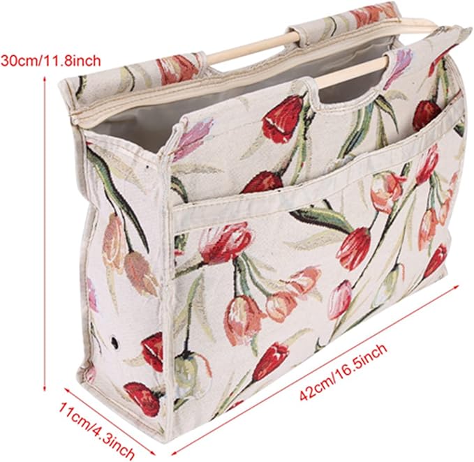 KooingTech Yarn Bag, Knitting Bag, 16.5 x 11.8 x 4.3 Inch Crochet Project Bag with Wood Handle, Foldable Knitting Project Bag, Tulip Pattern Knitting Tote Bag for Yarn Supplies (Rose Jacquard)