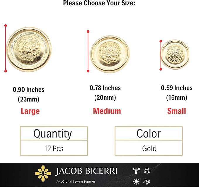 Gold Metal Shank Buttons - 12 Pcs - 3 Size Options - Floral Round Metal Shank Buttons for Men Women Blazer Coat Uniform Shirt Suit and Jacket Sewing Craft DIY N4403