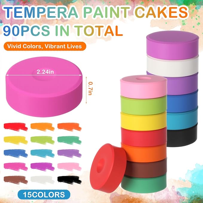 Nuanchu 90 Pcs Tempera Paint Cakes 15 Colors Tempera Paint Washable Art Supplies for Painting Drawing Crafts Activities