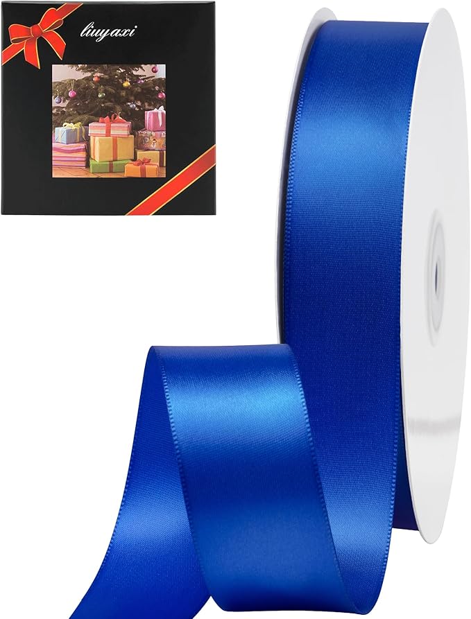 LIUYAXI Blue Stain Ribbon, 1" X Continuous 50 Yards, Double Faced Fabric Ribbon Perfect for Gift Wrapping Wedding Birthday Party Chair Sash Christmas Hair Floral Craft Sewing