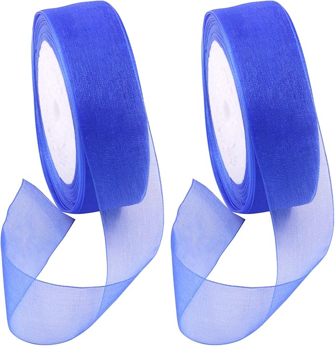Swpeet 2 Rolls 50 Yards x 1 Inch Sapphire Blue Shimmer Sheer Fabric Ribbons Organza Ribbon, Transparent Sheer Ribbon Chiffon Fabric Ribbons for Bouquets Wedding Birthday Decoration