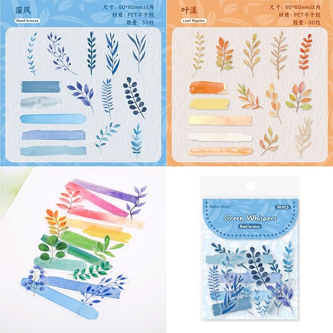 180 Pieces Botanical Colorful Watercolor Branches PET Stickers, 6 Pack Aesthetic Background Decorative Stickers for Scrapbooking, Journaling, Creative Journal Supplies and DIY Crafts