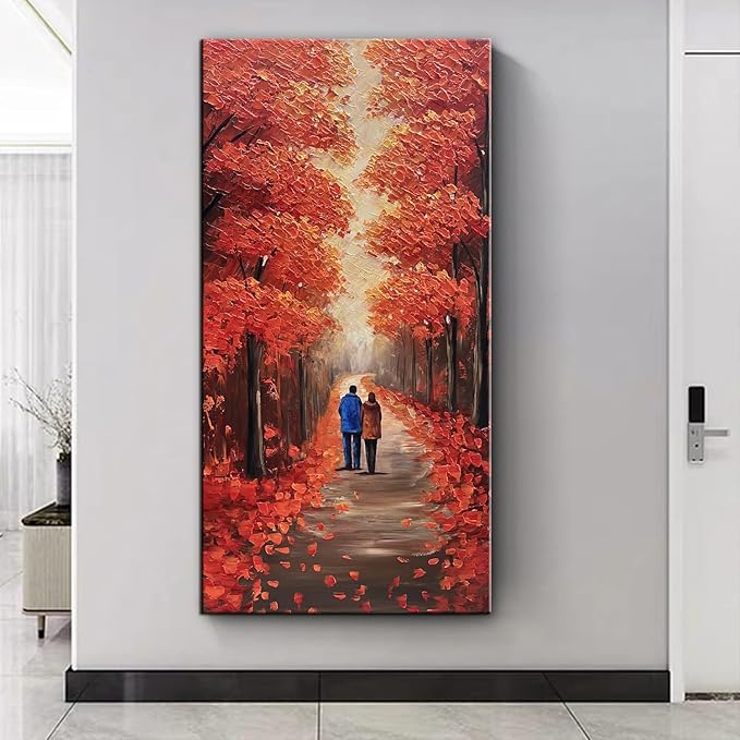 Autumn Forest Path Canvas Wall Art, Red Fall Trees Oil Painting, Large Modern Textured Artwork