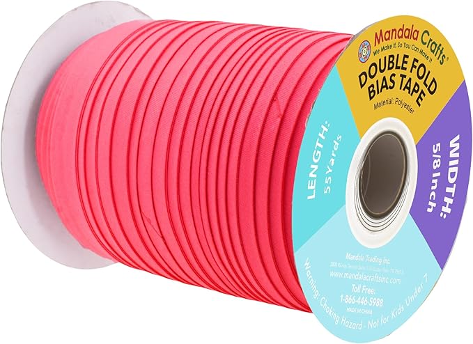 Mandala Crafts 55 Yards 5/8 Inch Hot Pink Double Fold Bias Tape for Sewing - Bias Binding Tape for Quilting Binding, Hemming, Seam, and Fabric Piping