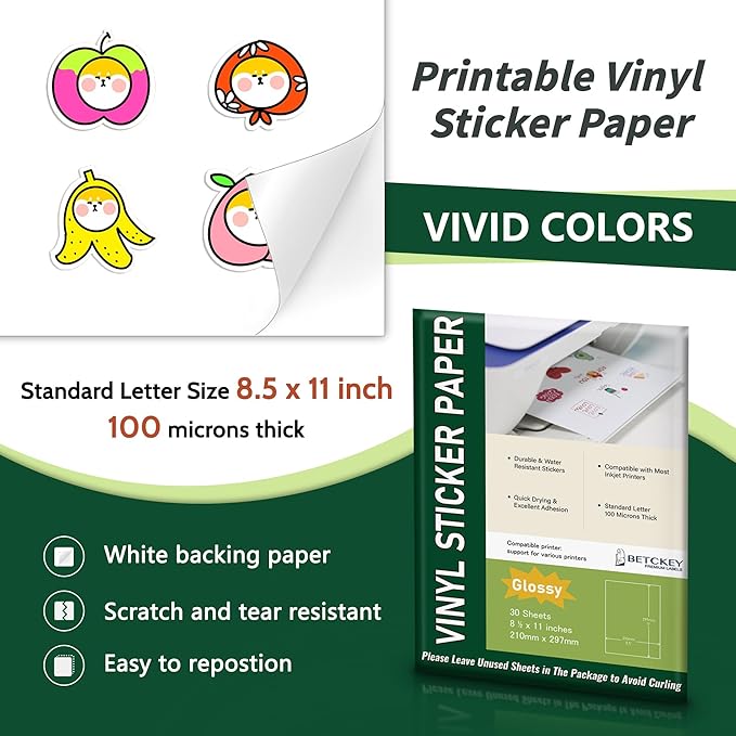 Glossy Printable Vinyl Sticker Paper for Inkjet & Laser Printer - 30 Sheets - 8.5" x 11" - Waterproof, Dries Quickly Vivid Colors
