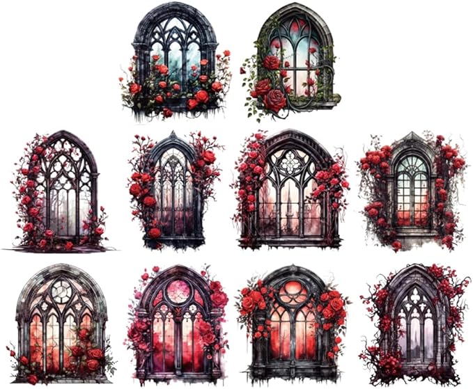 MAFELOE Retro Scrapbook Stickers of 10 Pieces, PET Aesthetic Deco Stickers Journaling Supplies for Junk Bullet Bottles Laptop- Flower Window Series-C
