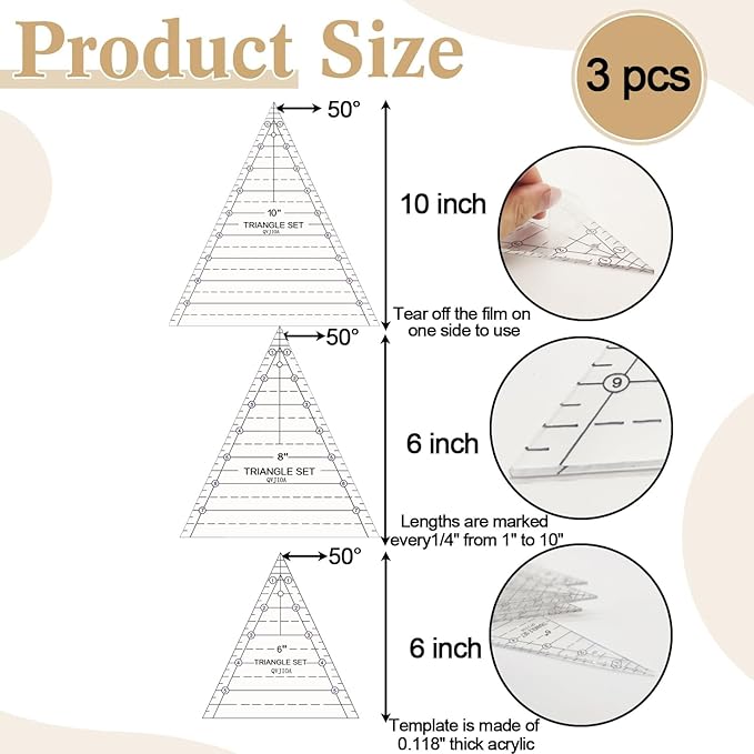 3 Set Tall Triangle Quilting Rulers for Quilting Templates 6 8 10 Inch Wedge Triangle Quilting Rulers and Templates, Sewing Templates for Sewing Cut Measurement DIY Craft Quilting Tools