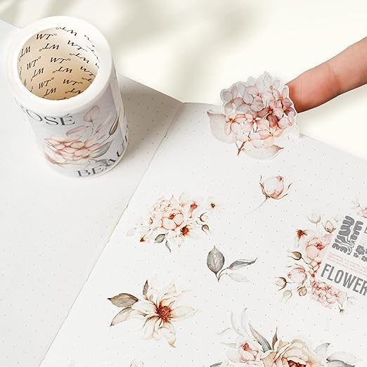 WT Pre-Cut Sweet Rosé Wide Washi Tape, Single Roll, Original Designs, Dreamy Rose Motifs & Subtle Handwritten Accents, Decorative Japanese Paper Tape for Journaling, Scrapbooking, Planner, DIY Crafts