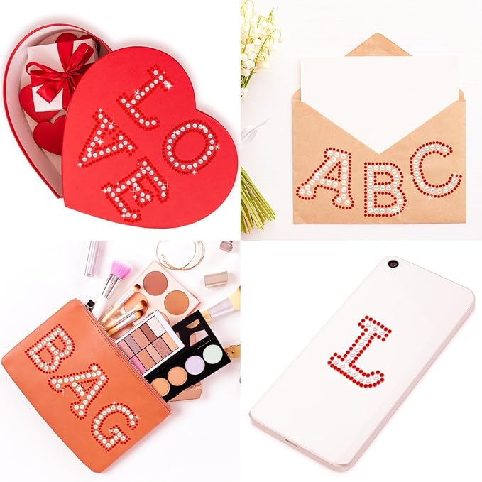 107 Pcs Pearl Rhinestone Self Adhesive Stickers 3 Sheets A-Z Glitter Letter Stickers and 1 Sheet 0-9 Number Sticker Bling Crystal Alphabet Sticker for DIY Crafts (White+red)
