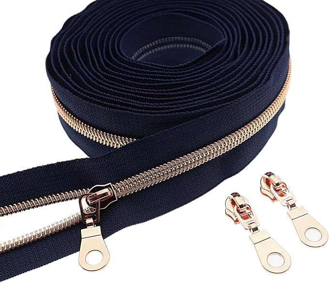 #5 Rose Gold Metallic Nylon Coil Zippers by Yard Bulk Coil Zipper Roll 10 Yards with 25pcs Silver Pull for DIY Sewing Craft Bag(Navy Blue) YIGUANXIN