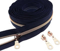 #5 Rose Gold Metallic Nylon Coil Zippers by Yard Bulk Coil Zipper Roll 10 Yards with 25pcs Silver Pull for DIY Sewing Craft Bag(Navy Blue) YIGUANXIN