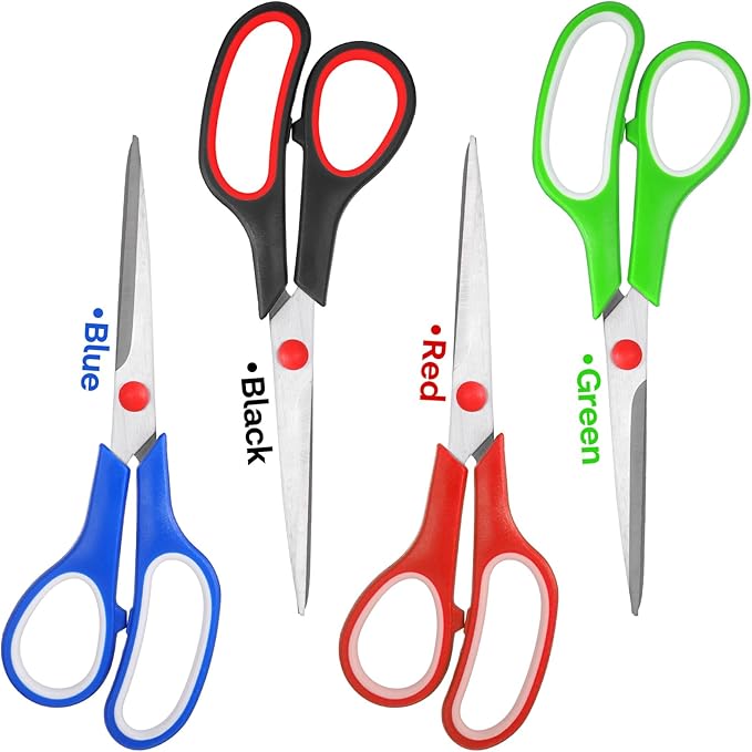 Modern Multipurpose Scissors, 8" Bulk 24-Pack, Stainless Steel, Ambidextrous, Red, Blue, Green, Black