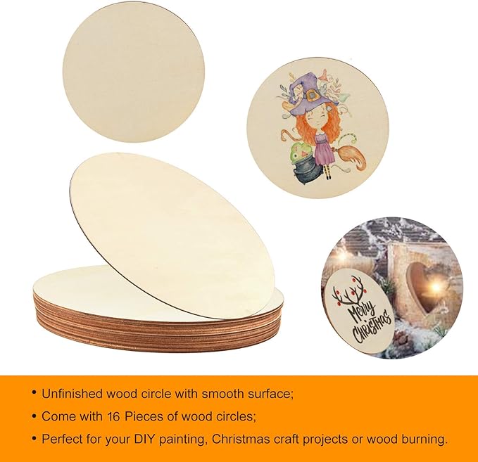 Coopay 16 Pieces 10 Inch Wooden Circles, Unfinished Round Wood Slices Natural Wooden Cutouts for Door Hanger, Painting, Wedding, Home Decoration DIY Wood Craft Supplies