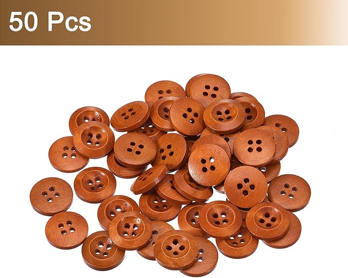 uxcell 50Pcs Wooden Buttons, 23mm(7/8") 4 Hole Round Wood Sewing Button Craft for Sewing DIY Craft Clothing, Brown