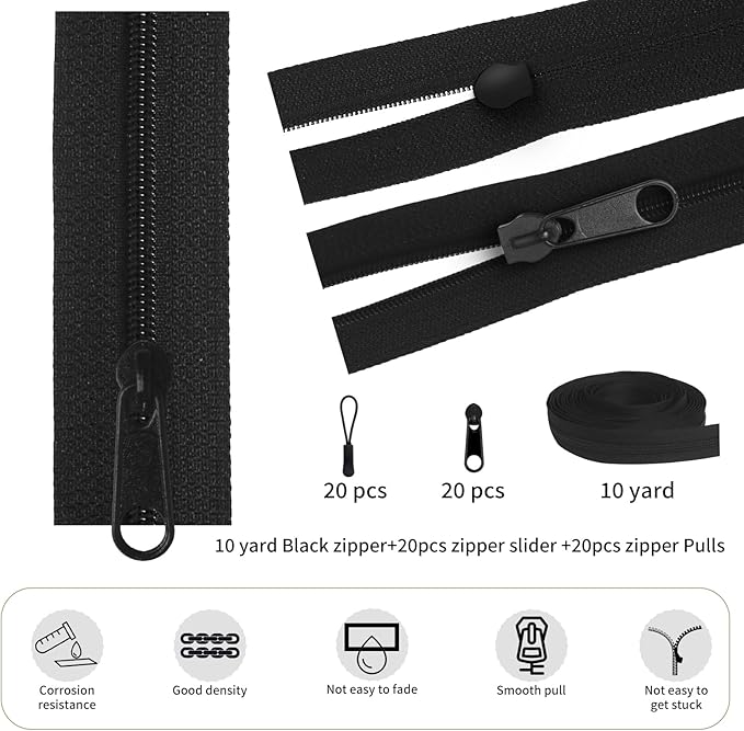 #10 Zippers Bulk 10 Yards 360 inch Black Nylon Coil Zipper by The Yard with 20pcs Sliders and 20pcs Zipper Pulls for Replacement and Sewing Tailor Craft Bags, Luggage, Tents, etc.