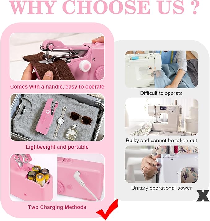 Mini Sewing Machine for Beginners - Handheld & Electric, Easy One-Step Stitching for Quick Clothes Mending, DIY Projects, and Travel Emergencies