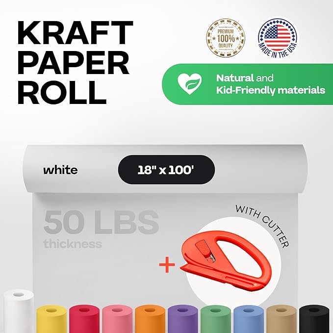 Extra White Offset Kraft Paper Roll 18" x 1200" (100 ft) with Cutter – USA-Made 50lb Premium Eco Paper, Brighter-Than-Std White – Ideal for Packing, Wrapping, Arts/Crafts & School/DIY by IDL Packaging