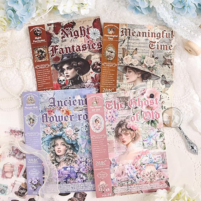 Washi Stickers for Scrapbook, 24 Sheets Goth Sticker Book for Journaling, Dark Aesthetic Pre-Cut Stickers Book for Junk Journal Supplies Collage DIY Crafts Phone Cases Adult