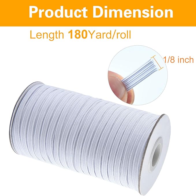 Coopay 180 Yards Length 1/8" Width Elastic Bands Flat Elastic Cord Rope Heavy Stretch Spool Knit for Sewing DIY Projects, Arts & Crafts (White, 1/8 Inch)