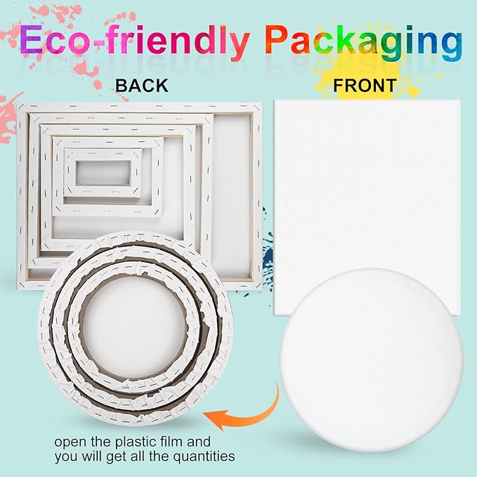 21 Packs Stretched Canvases for Painting, MultiSize 12x16, 10x12, 8x10, 5x7, 3x5, Round Canvas with 8x8,10x10,12x12, Primed Blank Canvas for Oil, Acrylic Paint,for Beginner, Artist.
