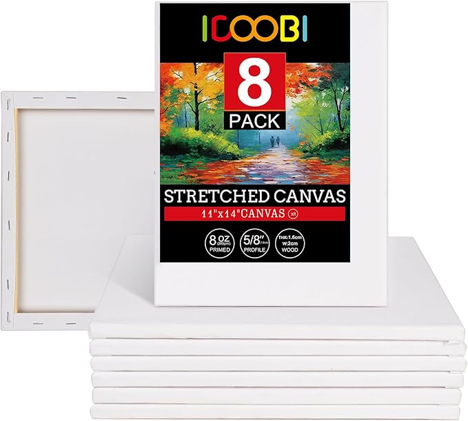 8 Pack 11x14 Stretched Canvases for Painting 100% Cotton White Painting Canvas, Art Canvases for Oil, Acrylic Paint & Other Painting Media, SCP11148-A