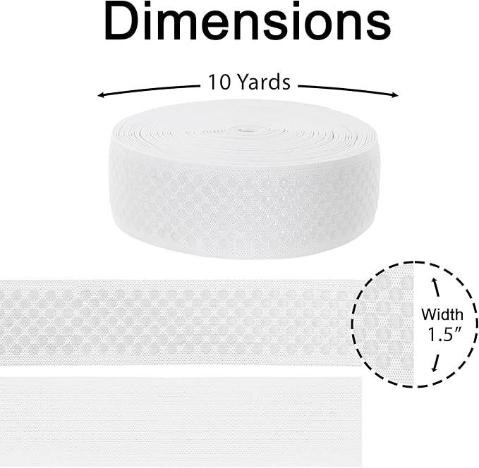 Mandala Crafts 1.5 Inch Elastic Silicone Gripper Tape for Clothing - 10 Yds Dotted Non Slip Elastic Band for Sewing - White Silicone Flat Fabric Stretchy Ribbon Straps