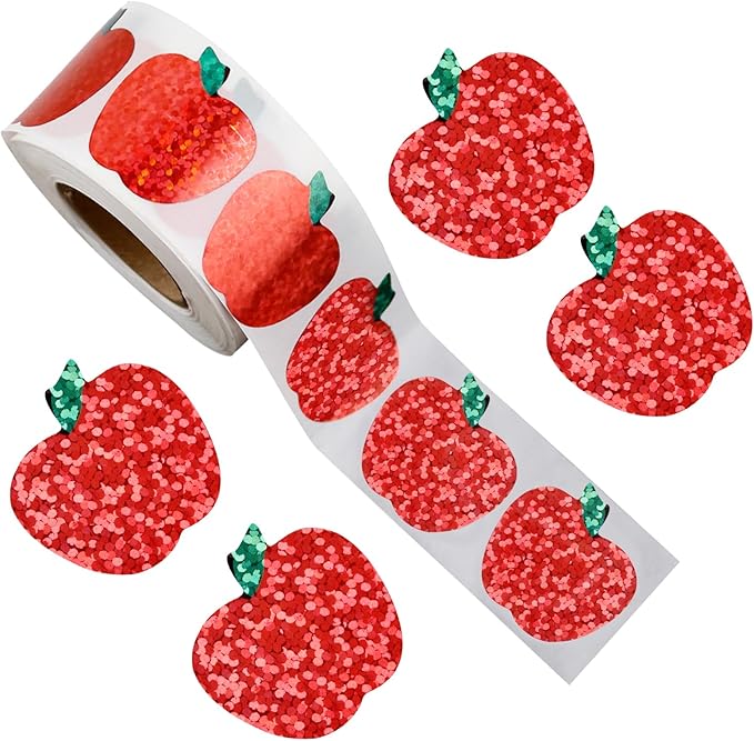 500Pcs Sparkly Laser Apple Decals for Teacher Rewards 1 roll Back to School Apple Stickers Roll for First Day of School Party Supplies Envelope Scrapbook Decor (Red)