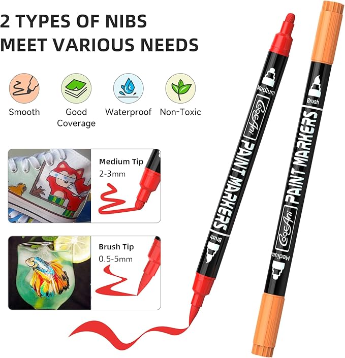 16 Colors Dual-tip Paint Marker, Brush and Medium Tip Acrylic Paint Markers for Wood,Rock Painting, Plastic, Canvas, Fabric, Glass,Mugs Almost Surface, DIY Project, Art Supplier