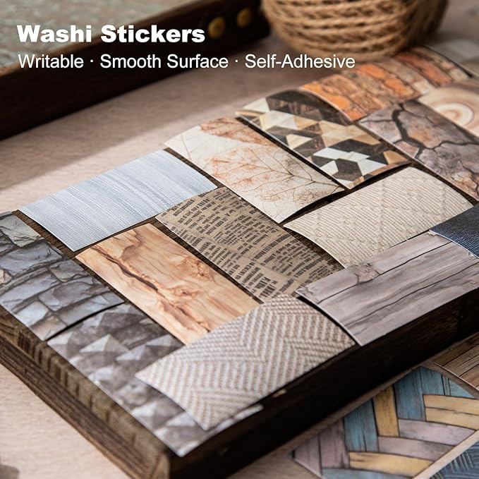 100PCS Retro Washi Stickers – Flat Writable Paper Stickers with Brick, Wood, Newspaper Prints for Journaling, Scrapbooking, DIY Crafting