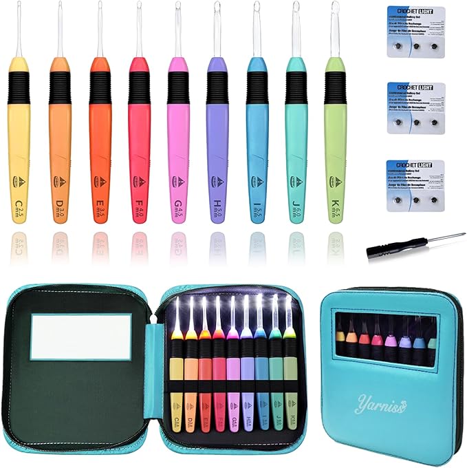 Yarniss 9 Size Light Up Crochet Hook Set 2.5mm-6.5mm, Led Lighted Crochet Hooks for Dark Yarn with 3 Packs Replacement Batteries,Gift for Crocheters