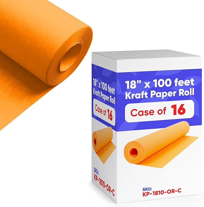 18" x 1200" (100 ft) Orange Kraft Paper (Case of 16 Rolls), 45 lbs Thickness, Made in USA Kraft Paper for School, Art Colored Paper, Gift Wrapping Paper, Packing Paper for Moving
