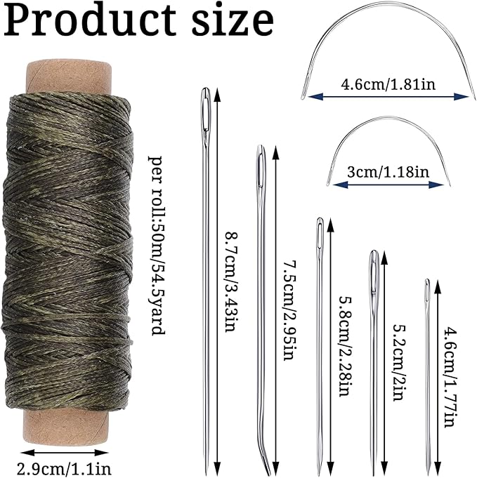 Pimoys 55Yards Waxed Thread with 7 Pcs Leather Needles for Hand Sewing 150D Flat Sewing Waxed Thread Leather Repair Needles for Sewing Upholstery Leather Canvas Bags Sofa Furniture(Army Green)