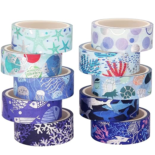 YUBX Ocean Blue Washi Tape Set 10 Rolls Silver Foil Print Decorative Masking Tapes for Arts, DIY Crafts, Journals, Planners, Scrapbook, Wrapping (Navy Silver)