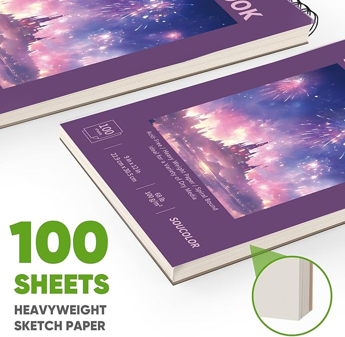 Soucolor 9"x12" Sketch Book for Women Sketch Book, 100 Sheets (68lb/100gsm) Drawing Paper, Art Supplies for Adults, 1-Pack