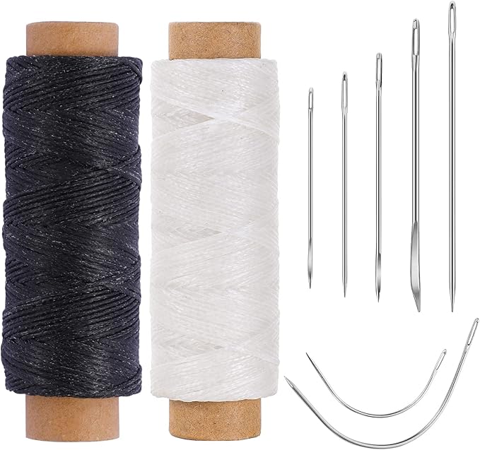 110Yards Waxed Thread with 7 Pcs Leather Needles for Hand Sewing - 150D Flat Waxed Thread - Leather Repair Needles for Upholstery, Canvas Bags, Furniture