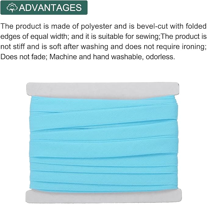 MECCANIXITY 1/2 Inch Double Fold Bias Tape Continuous Bulk Cotton Bias Tape for Sewing Seaming Quilting Hemming Binding Crafts (Light Blue 12 Yards)