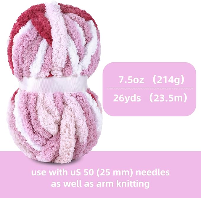 Hombys 8 Pack Giant Chunky Yarn for Crocheting/Hand Knitting - Super Bulky, Soft, Fluffy, Plush, Fuzzy, Thick Chenille Yarn - Tie Dye, Mixed Colors (Rose, Pink, White)