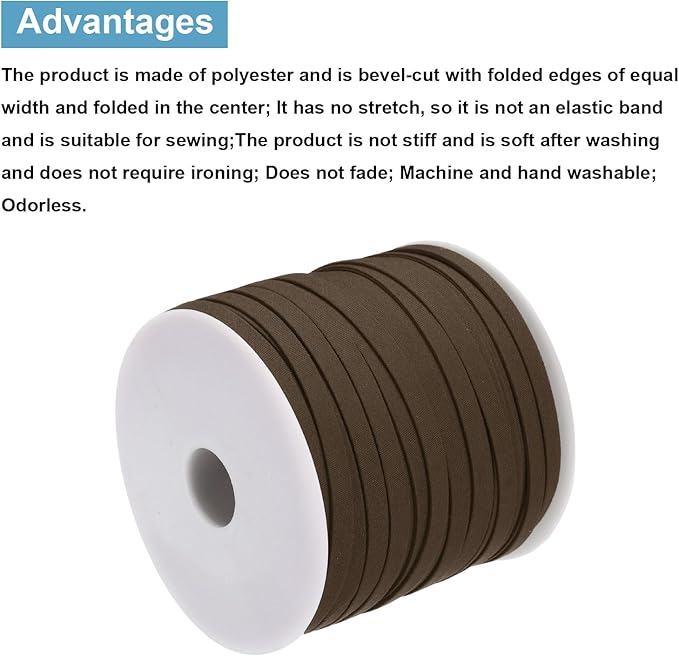 MECCANIXITY 1/4 Inch Double Fold Bias Tape Polyester Continuous Bulk Bias Tape for Sewing,Seaming Quilting Hemming Binding Crafts (Dark Brown 55 Yards)