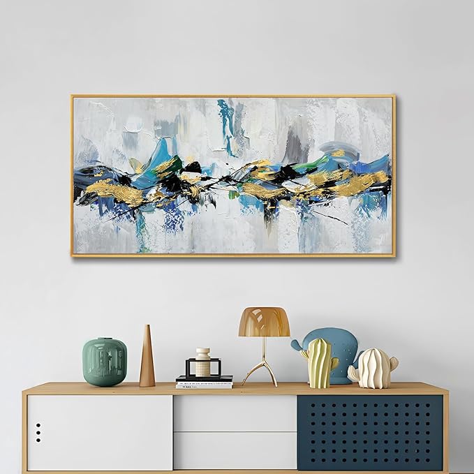 Large 100% Hand Painted Oil Painting 3D Texture Framed Canvas Wall Art White Black Blue Green Home Decor Abstract Gold Leaf Wall Painting for Living Room Bedroom Office 48x24in