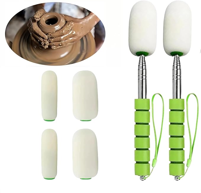 42" Sponge on a Stick for Pottery, 6 Detachable Sponge Heads, Telescoping Ceramic Tool for Removing Water & Shaping Tall/Narrow Vessels, Green Artist Pottery Tool (2 Stick)