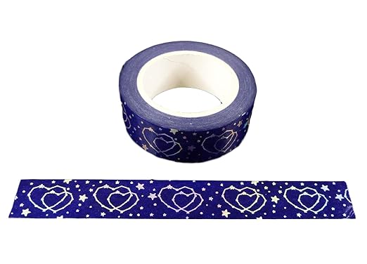 Syntego Blue with Silver Holographic Foil Double Hearts Washi Tape Decorative Masking 15mm x 10 Meters