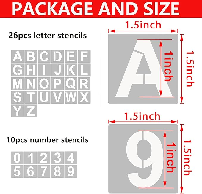 YEAJON 1.5 Inch Letter Stencils and Numbers, 36 Pcs Alphabet Art Craft Stencils, Reusable Plastic Templates for Wood, Wall, Fabric, Rock, Signage, DIY Art Projects