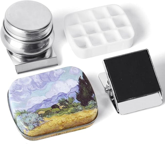 Portable Mini Tin Box,12-Well Empty Watercolor Palette,Small Paint Storage Travel Artist Outdoor Sketch Watercolor Kits with Magnetic Clip and Oil Pot.Wheat Field