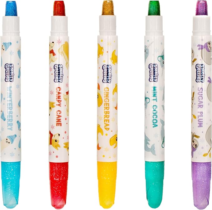 Holiday Smelly Gellies - Patented Gourmet Scented Glidewrite Glitter Gel Coloring Sticks, Crayons, Highlighters - 5 Count - Gifts for Kids, Stocking Stuffer