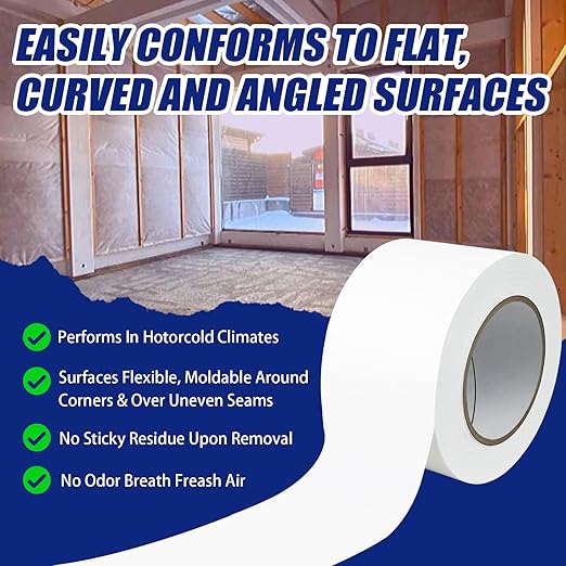 4 Roll, White Vapor Barrier Tape, 6" Wide x 180' Long, PE 9 mm Polyethylene Tape, for Crawlspaces, Underlayment Seams, Metal Building Seams, Excellent Air Barrier, Insulation Repairs