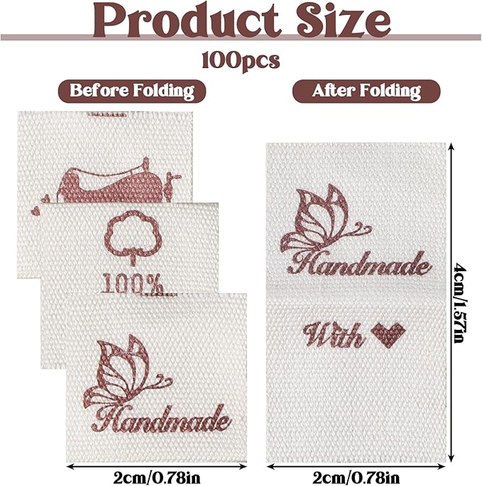 100 Pcs Fabric Tags for Handmade Items, Cute Sewing Labels with Love Labels, Beige Crochet Tags Sew on Clothing, Sewing Fabric Label for DIY Crafts Knitting Crocheting